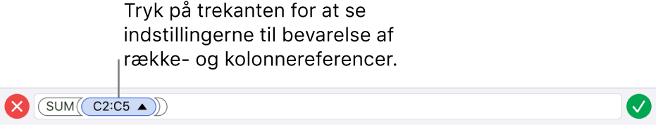 Formelværktøjet, der viser, hvordan række- og kolonnereferencerne bevares, når cellen kopieres eller flyttes.