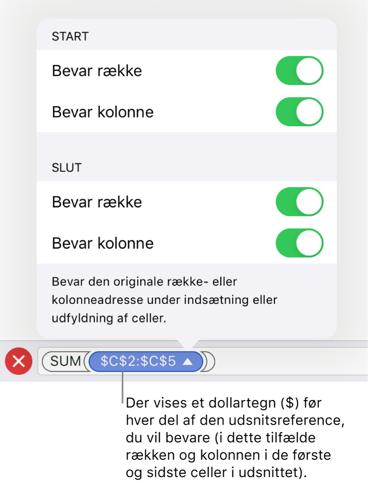 Betjeningsmulighederne til angivelse af, hvilke af en celles række- og kolonnereferencer der skal bevares, hvis cellen flyttes eller kopieres. Der vises et dollartegn før hver del af udsnitsreferencen, du vil bevare.