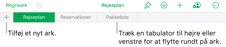Fanelinjen til tilføjelse af et nyt ark, navigering i, ændring af rækkefølge på og organisering af ark.