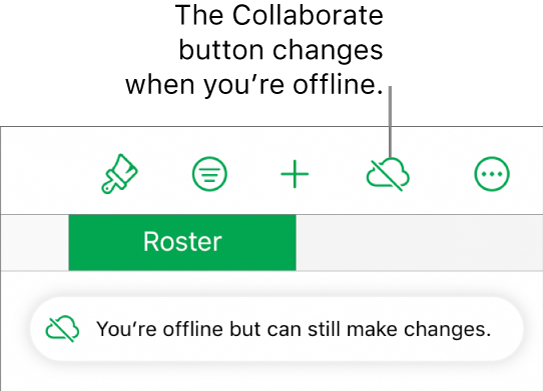 The buttons at the top of the screen, with the Collaborate button changed to a cloud with a diagonal line through it. An alert on the screen says “You’re offline but can still edit”.