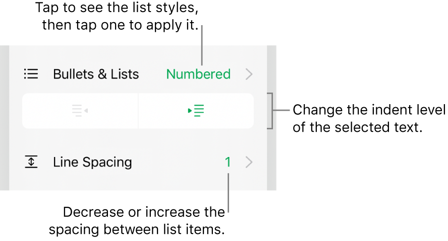 The Bullets & Lists section of the Format controls with callouts to Bullets & Lists, outdent and indent buttons, and line spacing controls.