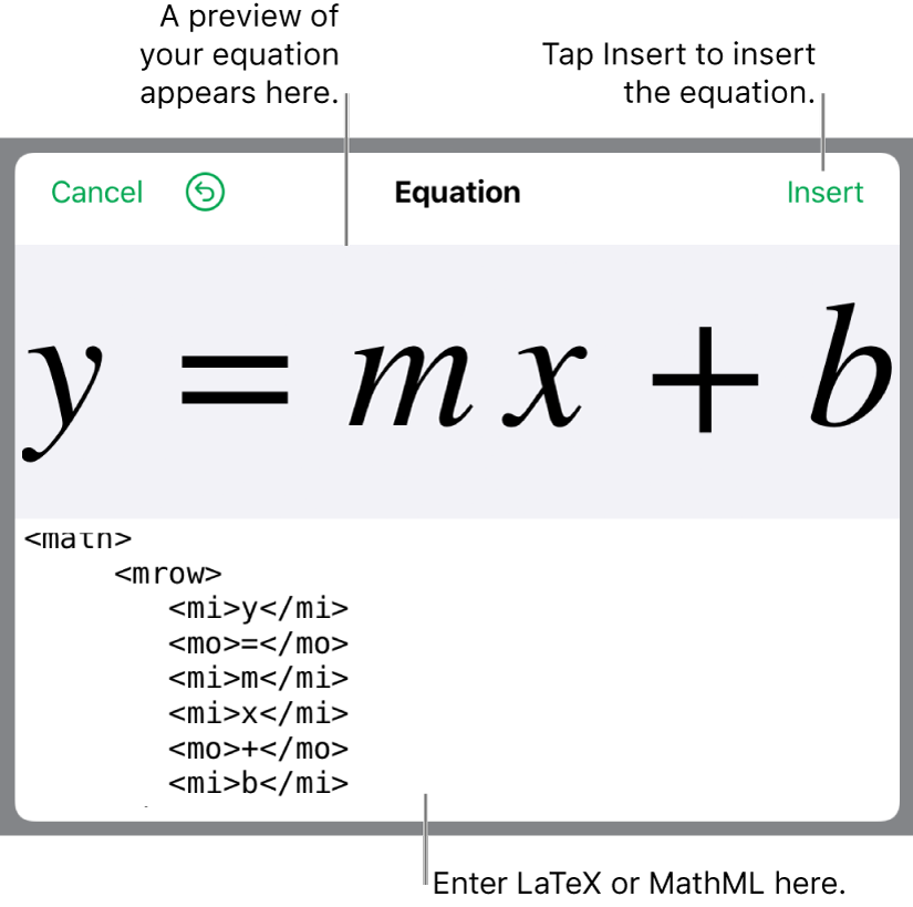 MathML code for the equation for the slope of a line and a preview of the formula above.