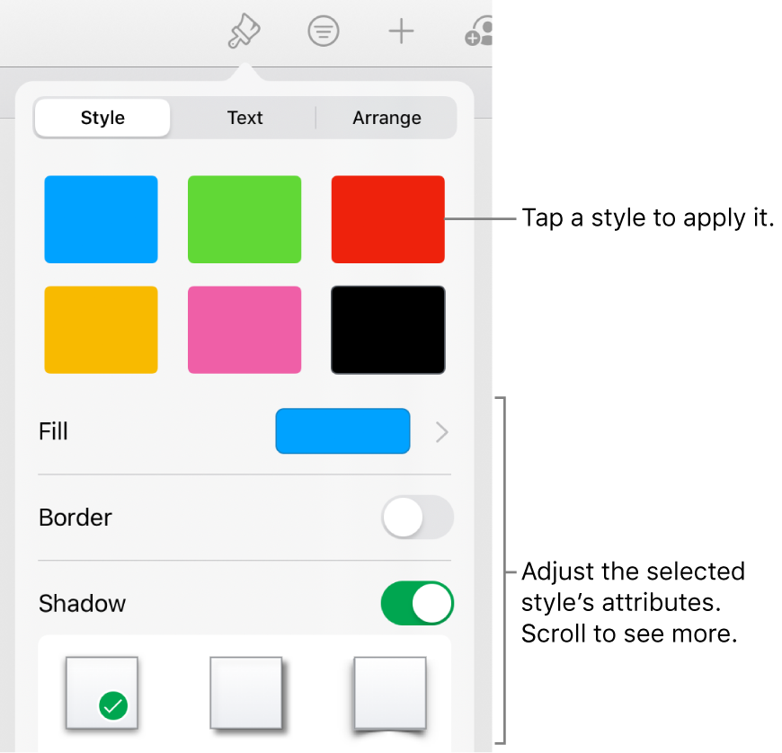 The Style tab of the Format menu with shape styles at the top and controls below them to change the fill, border, and shadow.