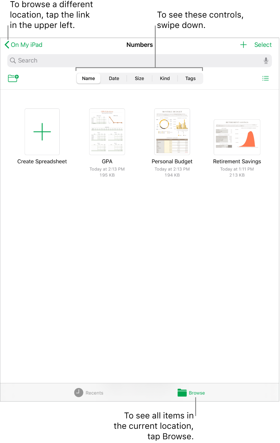 The browse view of the spreadsheet manager with a location link in the top-left corner and below it a Search field. In the row below Search are the New Folder button; buttons to filter by name, date, size, and tag; and the list or icon view button. Below these are the Create Spreadsheet button, then thumbnails of existing spreadsheets. At the bottom of the screen are a Recents button and Browse button.