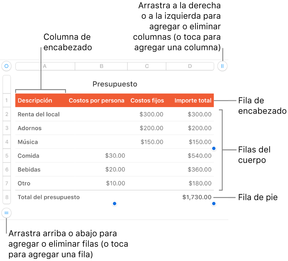 Tabla con filas y columnas de encabezado, cuerpo y pie de página, así como manijas para agregar o eliminar filas o columnas.