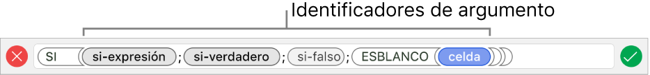 El editor de fórmulas con una función e identificadores de argumentos.