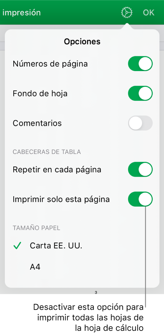 El panel de vista previa de impresión, con controles para mostrar los números de página, repetir las cabeceras en cada página, cambiar el tamaño de papel y optar por imprimir toda la hoja de cálculo o solo la hoja actual.