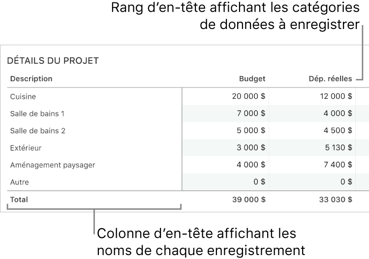 Tableau correctement configuré pour être utilisé avec des formulaires, avec une rangée d’en-tête contenant les catégories de données et une colonne d’en-tête.