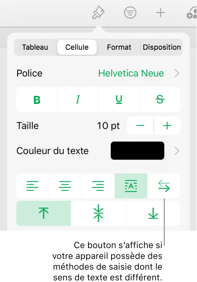 La section Texte du menu Format avec une légende pour le bouton De droite à gauche.