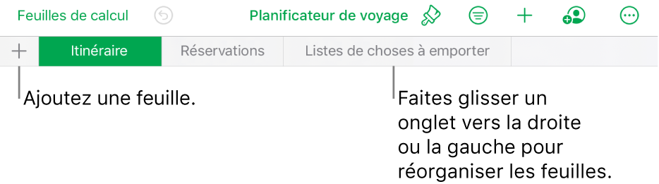 Barre des onglets pour ajouter une feuille et parcourir, réordonner et réorganiser les feuilles.