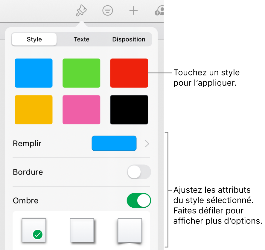 L’onglet Style du menu Format avec les styles de figure en haut et des commandes au-dessous pour modifier le remplissage, la bordure et l’ombre.