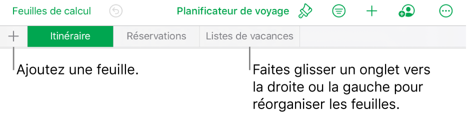 Barre des onglets pour ajouter une feuille et parcourir, réordonner et réorganiser les feuilles.