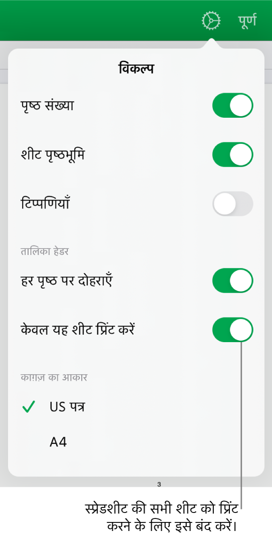 पृष्ठ संख्याएँ दिखाने, हर पृष्ठ पर शीर्षलेख दोहराने, काग़ज़ का आकार बदलने और संपूर्ण स्प्रेडशीट या केवल वर्तमान शीट प्रिंट करने का चयन करने के नियंत्रण के साथ प्रिंट पूर्वावलोकन पेन।
