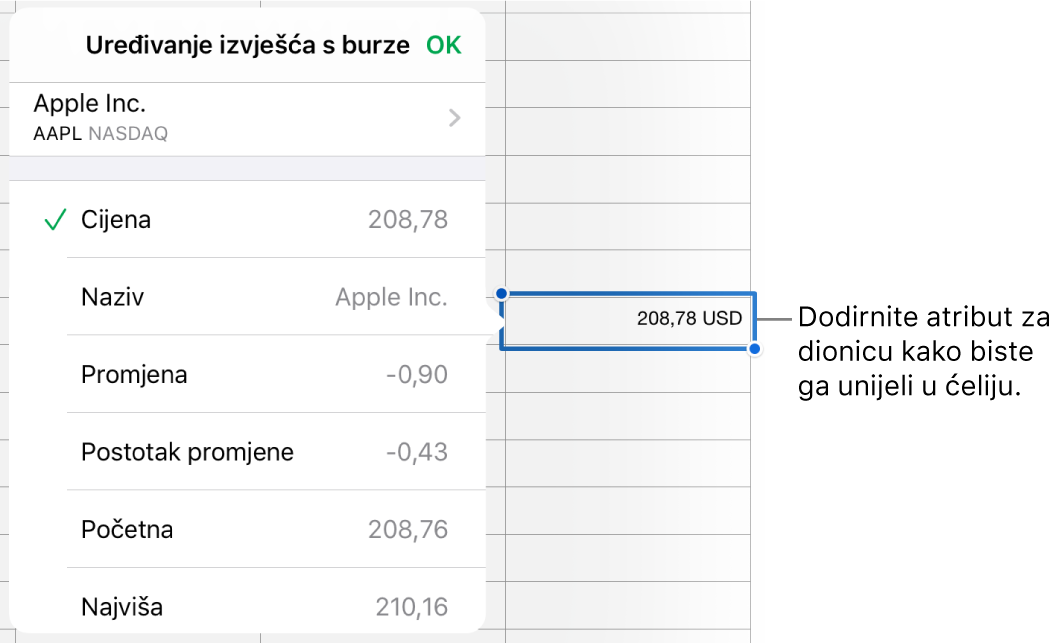 Skočni izbornik za dionice s nazivom dionice pri vrhu i podesivim atributima dionice, uključujući cijenu, naziv, promjenu cijene, postotak promjene cijene, početnu i najvišu cijenu koji su navedeni u nastavku.