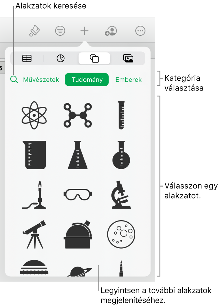 Az alakzatok könyvtára, amelynek tetején a kategóriák láthatók, alul pedig az alakzatok. A képernyő tetején lévő keresés mezőben alakzatokat kereshet, legyintéssel pedig további alakzatokat tekinthet meg.
