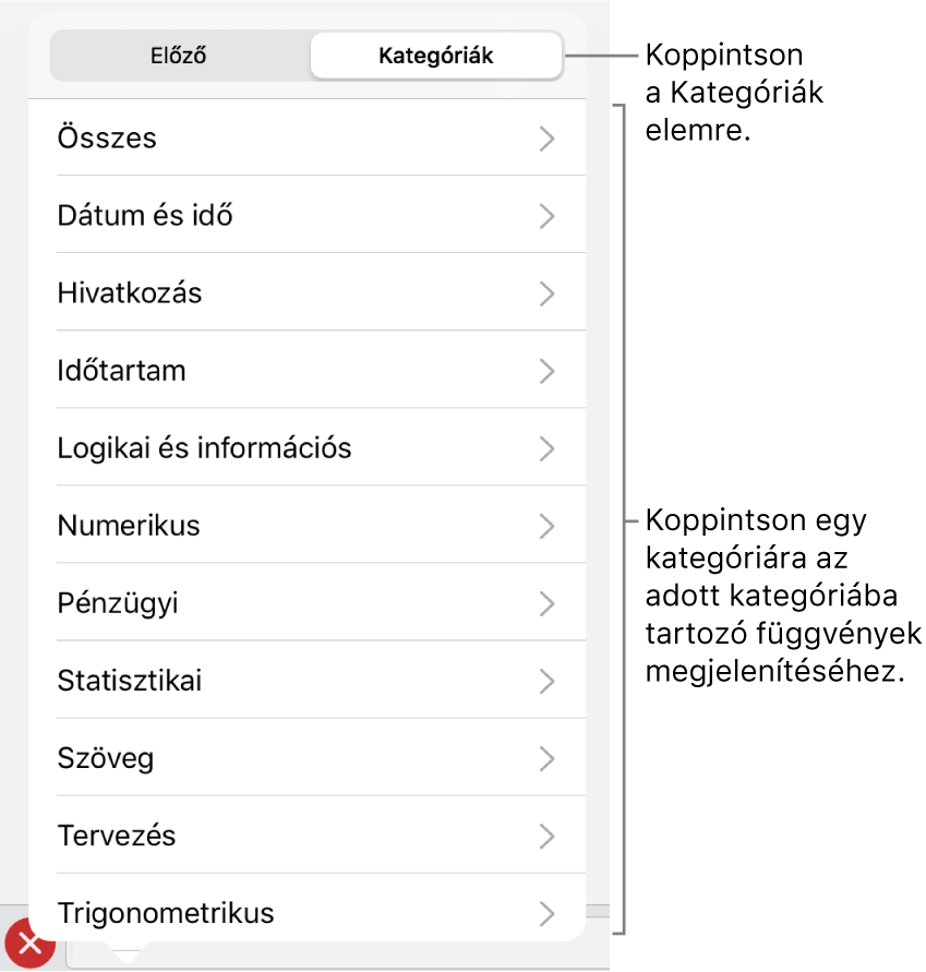A Függvényböngésző a Kategóriák gombra és a kategóriák listájára mutató felirattal.