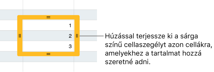 Egy kijelölt cella egy nagyméretű sárga szegéllyel, amelyet igény szerint elhúzhat a cellák automatikus kitöltéséhez.