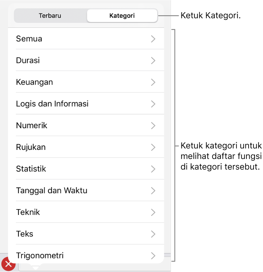 Browser Fungsi dengan keterangan untuk tombol Kategori dan daftar kategori.