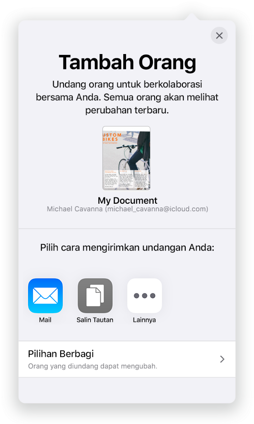 Layar Tambah Orang menampilkan gambar spreadsheet untuk dibagikan. Di bawahnya tombol untuk cara mengirimkan undangan, termasuk Mail, Salin Tautan, dan Lainnya. Di bagian bawah terdapat tombol Pilihan Bagikan.