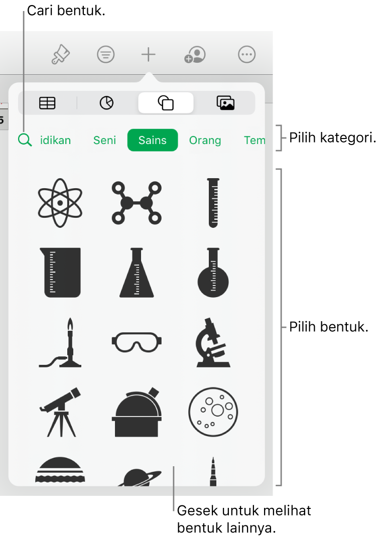 Perpustakaan bentuk, dengan kategori di bagian atas dan bentuk ditampilkan di bawah. Anda dapat menggunakan bidang pencarian di bagian atas untuk menemukan bentuk dan menggesek untuk melihat lainnya.