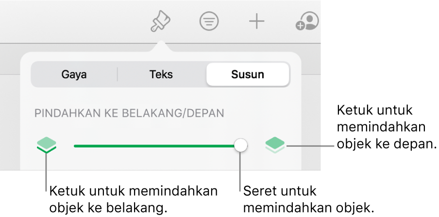 Tombol Pindahkan ke Belakang, tombol Pindahkan ke Depan, dan penggeser lapisan.