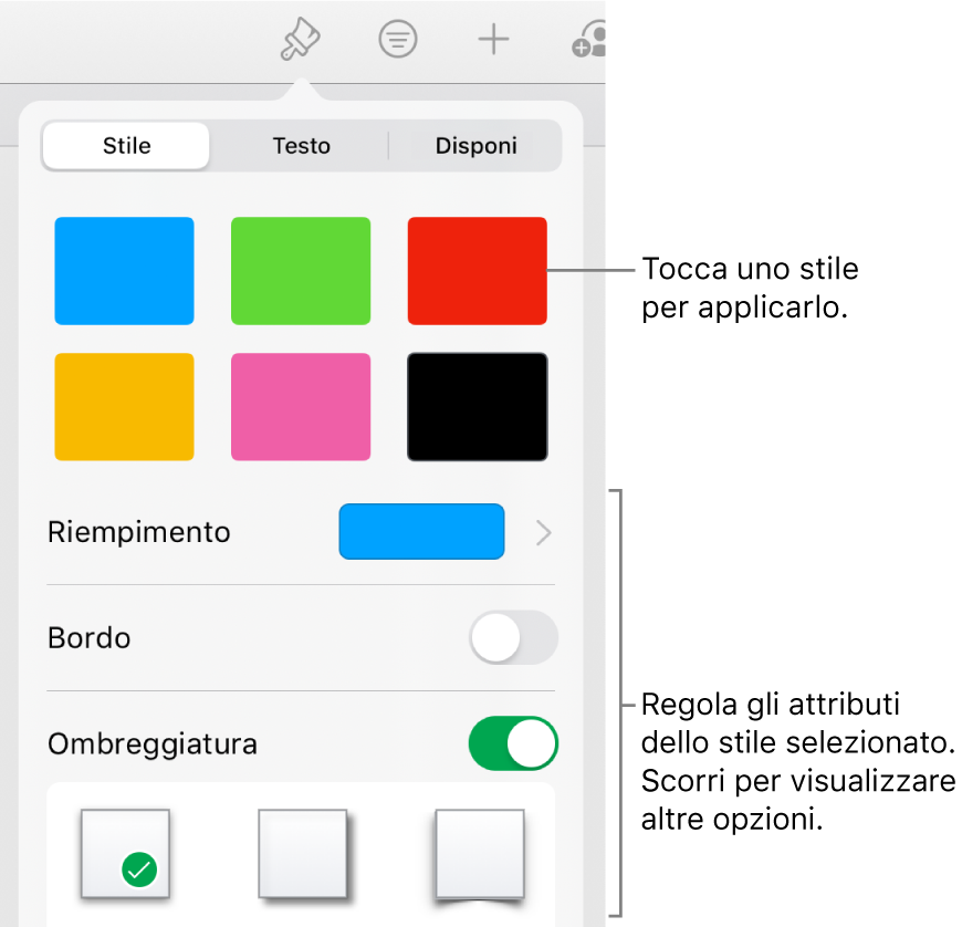 Pannello Stile del menu Formato con gli stili di forma in alto e sotto i controlli per cambiare il bordo, il riempimento e l’ombreggiatura.