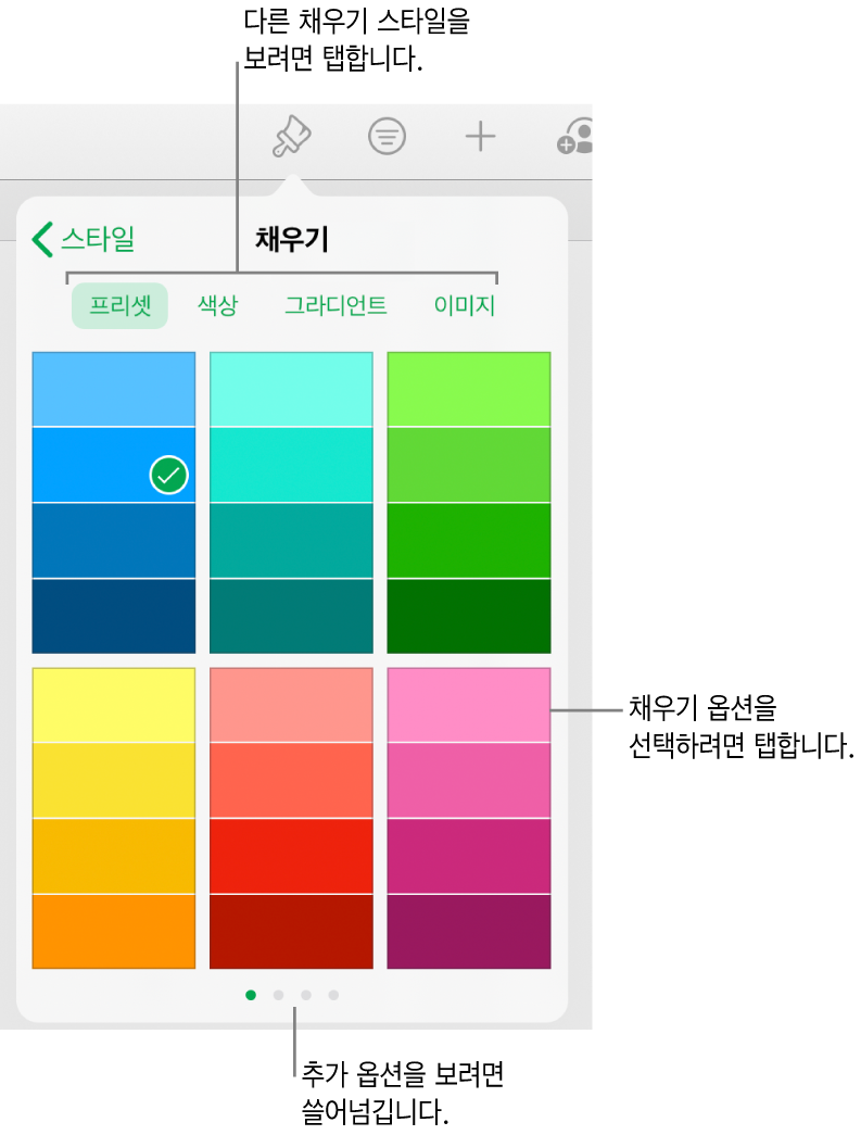 포맷 버튼의 스타일 탭에 있는 채우기 옵션.