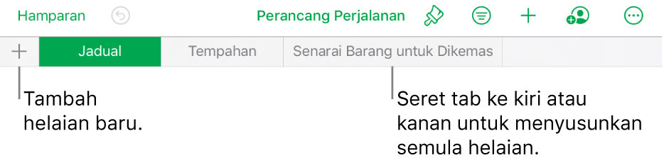 Bar tab untuk menambah helaian baru, menavigasi, menertibkan semula dan menyusun semula helaian.