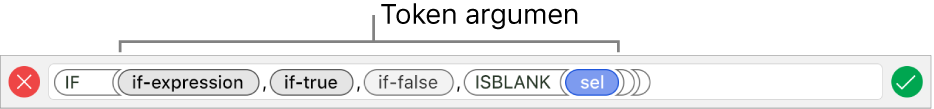 Editor Formula menunjukkan fungsi dengan token argumen.