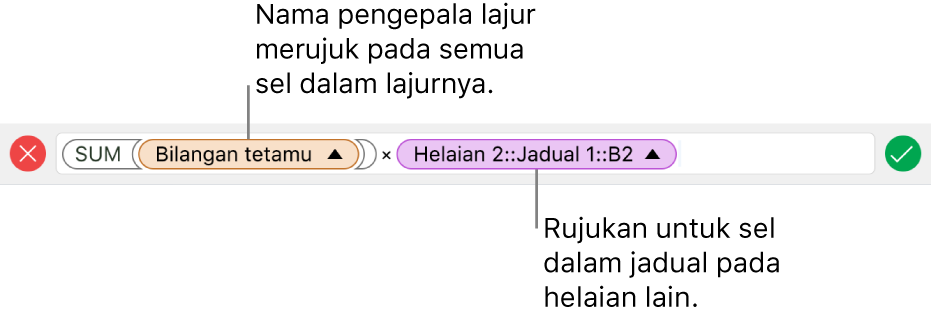 Editor Formula menunjukkan formula yang merujuk pada lajur dalam satu jadual dan sel dalam jadual lain.
