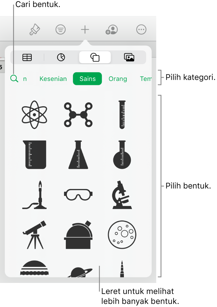 Pustaka bentuk, dengan kategori di bahagian atas dan bentuk dipaparkan di bawah. Anda boleh menggunakan medan carian di bahagian atas untuk mencari bentuk dan leret untuk melihat lebih banyak.