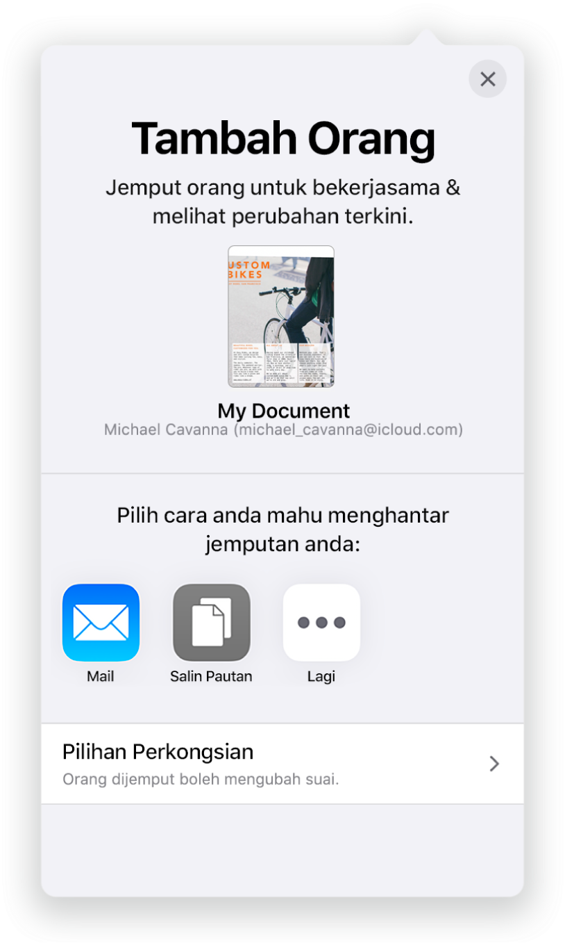 Skrin Tambah Orang menunjukkan gambar hamparan untuk dikongsi. Di bawahnya ialah butang untuk cara menghantar jemputan, termasuk Mail, Salin Pautan dan Lagi. Di bahagian bawah ialah butang Pilihan Perkongsian.