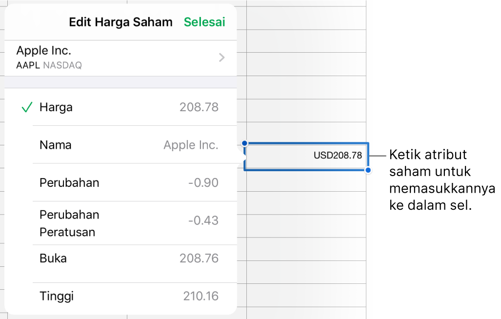 Menu timbul harga saham, dengan nama saham di atas dan atribut saham boleh dipilih termasuk buka harga, nama, pertukaran, pertukaran peratus, bukaan dan tinggi disenaraikan di bawah.