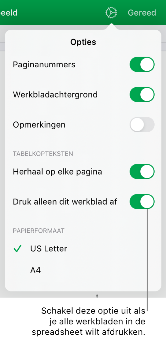 Het afdrukvoorbeeldpaneel met regelaars om paginanummers weer te geven, kopteksten op elke pagina te herhalen, het papierformaat te wijzigen, of te kiezen of de hele spreadsheet dan wel alleen het huidige werkblad moet worden afgedrukt.