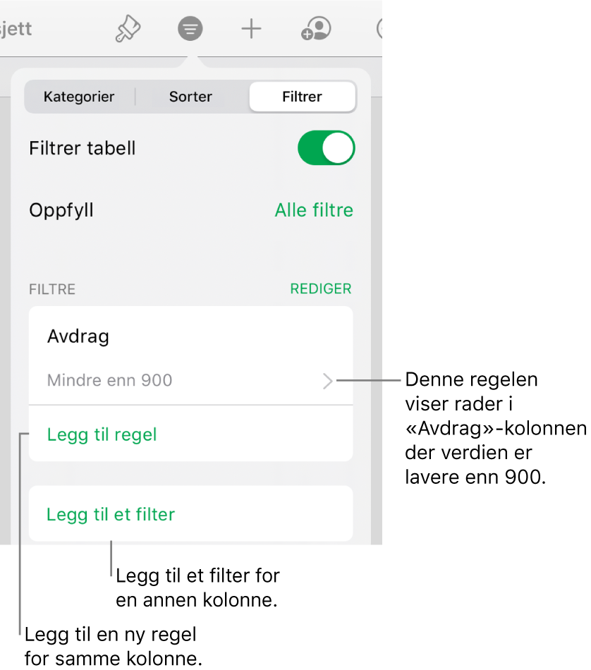 Kontroller for å legge til nye filtreringsregler eller redigere eksisterende regler.