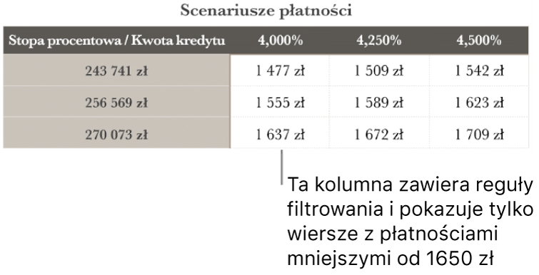 Tabela kredytu hipotecznego po filtrowaniu w celu wyświetlenia przystępnych rat.