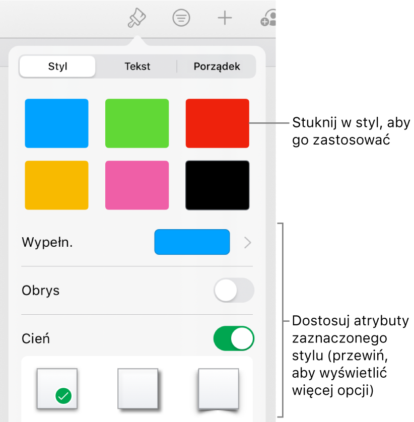 Karta Styl w menu Format, zawierająca na górze style kształtów, a poniżej narzędzia do zmiany wypełnienia, obrysu i cienia.