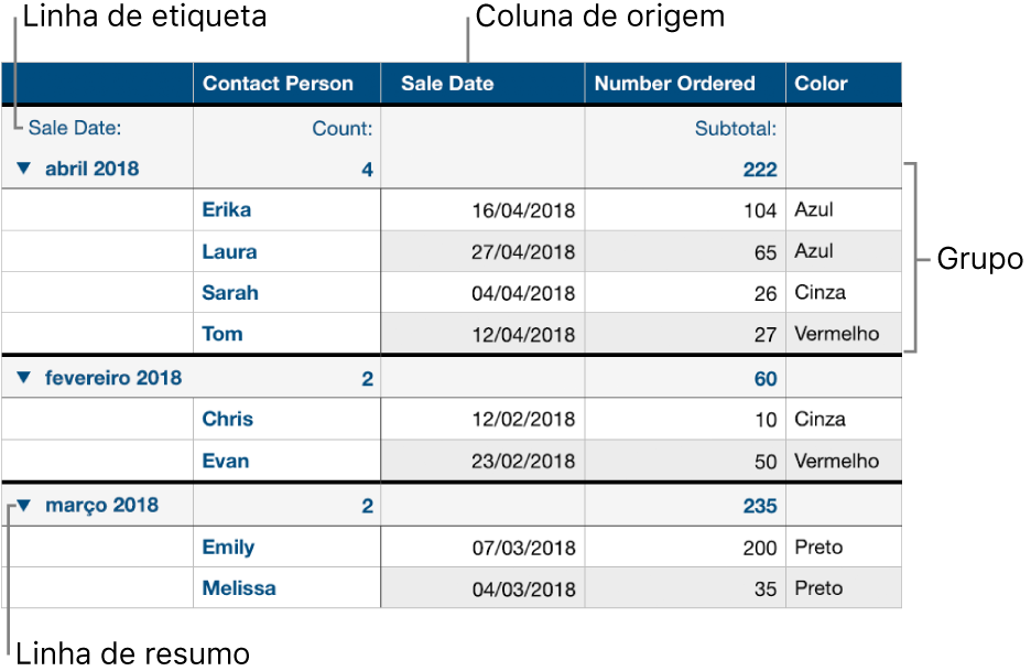 Uma tabela categorizada mostrando os grupos de coluna de origem, linha de resumo e etiqueta.