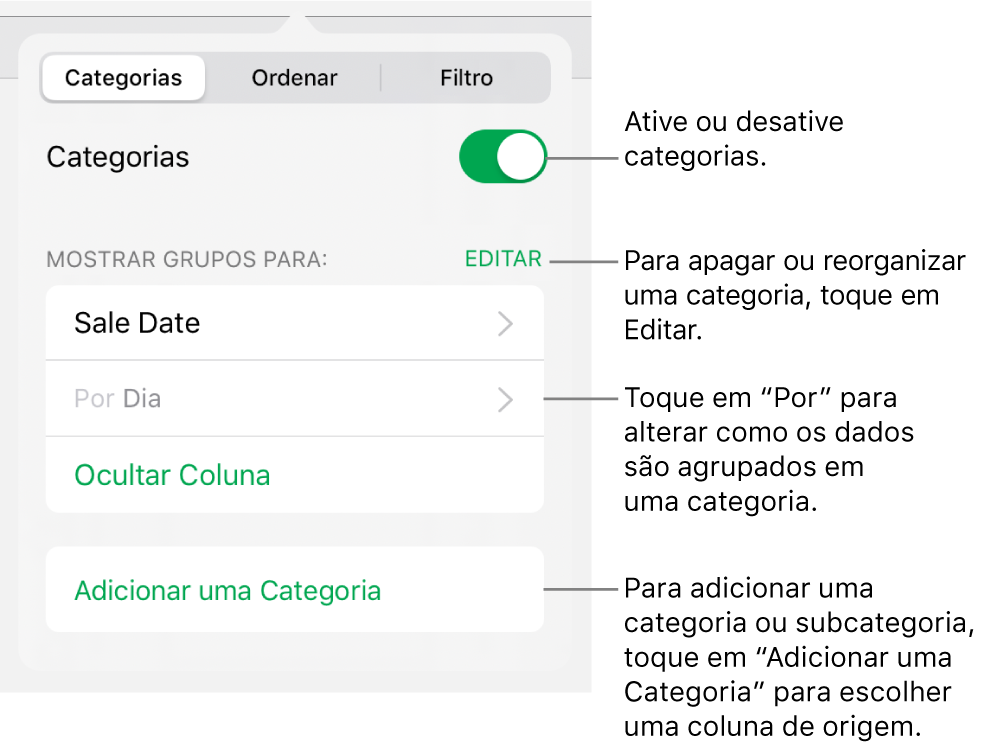 O menu Categorias para o iPad com opções para desativar categorias, apagar categorias, reagrupar dados, ocultar uma coluna de origem e adicionar categorias.