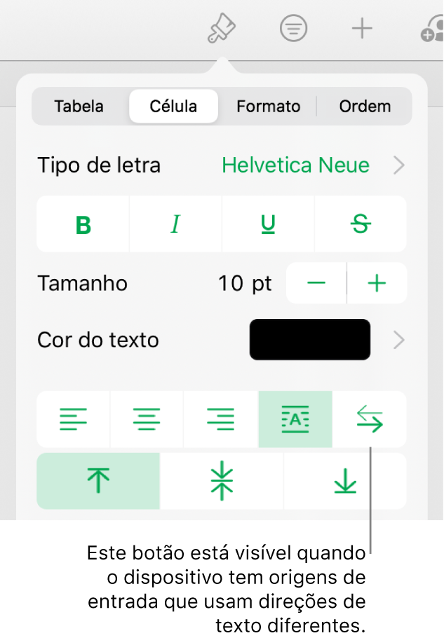 A secção Estilo do menu Formatação com uma chamada para o botão “Da direita para a esquerda”.