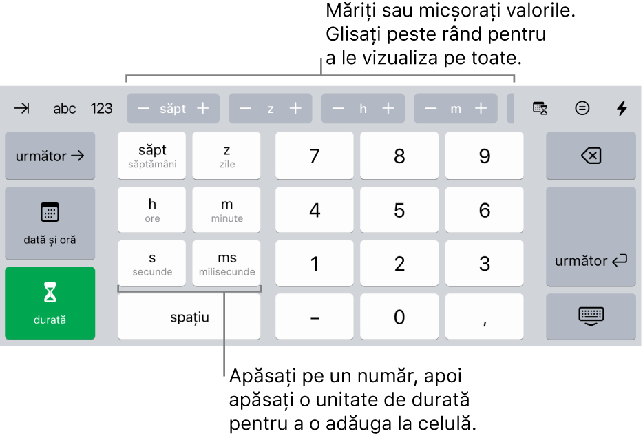 Tastatura durată cu butoanele în partea centrală superioară care afișează unități de timp (săptămâni, zile și ore) pe care le puteți incrementa pentru a schimba valoarea în celulă. Pe stânga se află taste pentru săptămâni, zile, ore, minute, secunde și milisecunde. Tastele numerice sunt în centrul tastaturii.