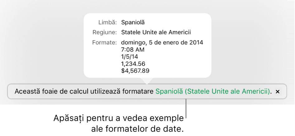 Notificarea privind configurarea limbii și regiunii diferite, afișând exemple de formatare în limba și regiunea respectivă.