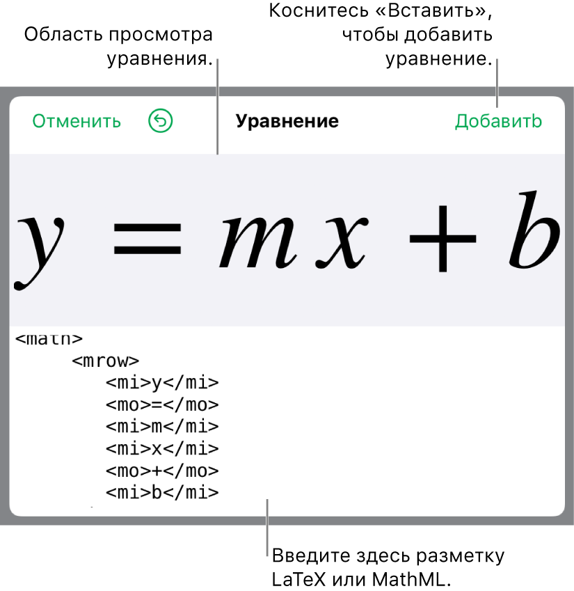 Код MathML для уравнения прямой с угловым коэффициентом и предварительный просмотр формулы выше.