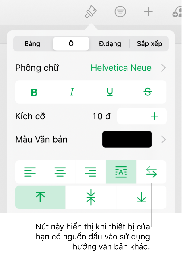 Phần Kiểu của menu Định dạng với chỉ thị đến các nút Phải sang trái.
