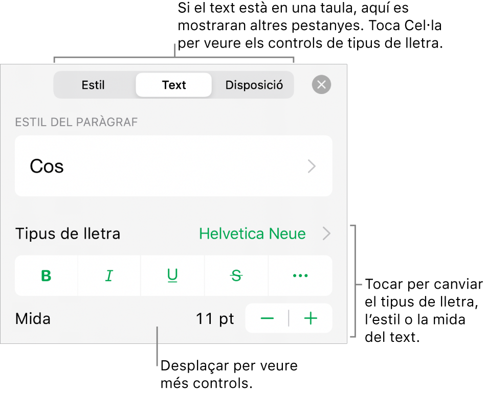 Controls de text al menú Format per definir els estils de paràgraf i de caràcter, el tipus de lletra, la mida i el color.