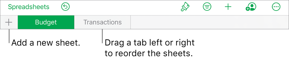 The tab bar for adding a new sheet, navigating, reordering, and reorganizing sheets.