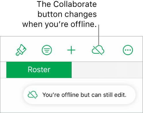 The buttons at the top of the screen, with the Collaborate button changed to a cloud with a diagonal line through it. An alert on the screen says “You’re offline but can still edit.”