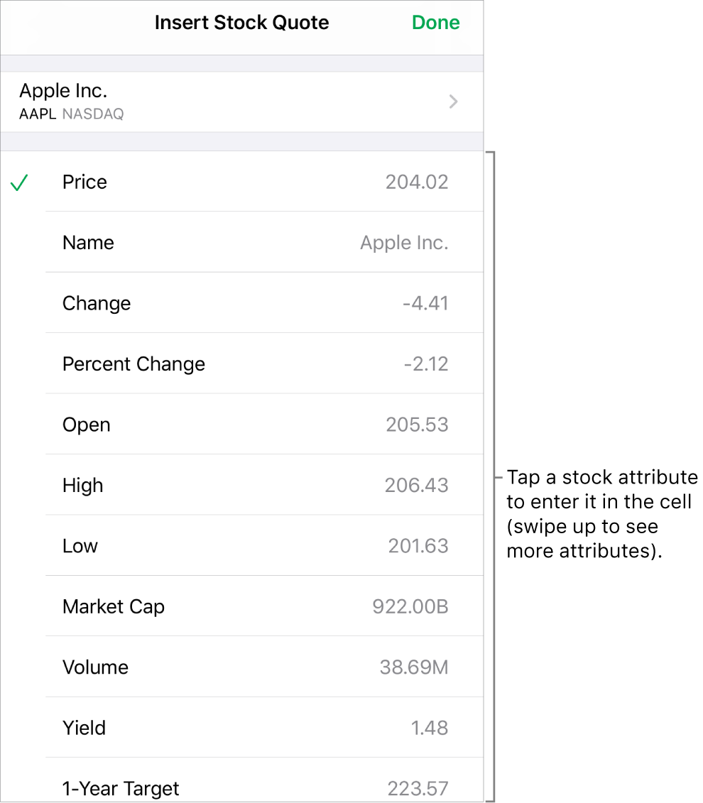 The stock quote popover, with the stock name at the top, and selectable stock attributes including price, name, change, percent change, and open listed below.
