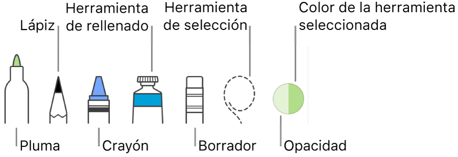 Las herramientas de dibujo con bolígrafo, lápiz, crayón, herramienta de rellenado, goma de borrar, herramienta de selección y la paleta mostrando el color actual.