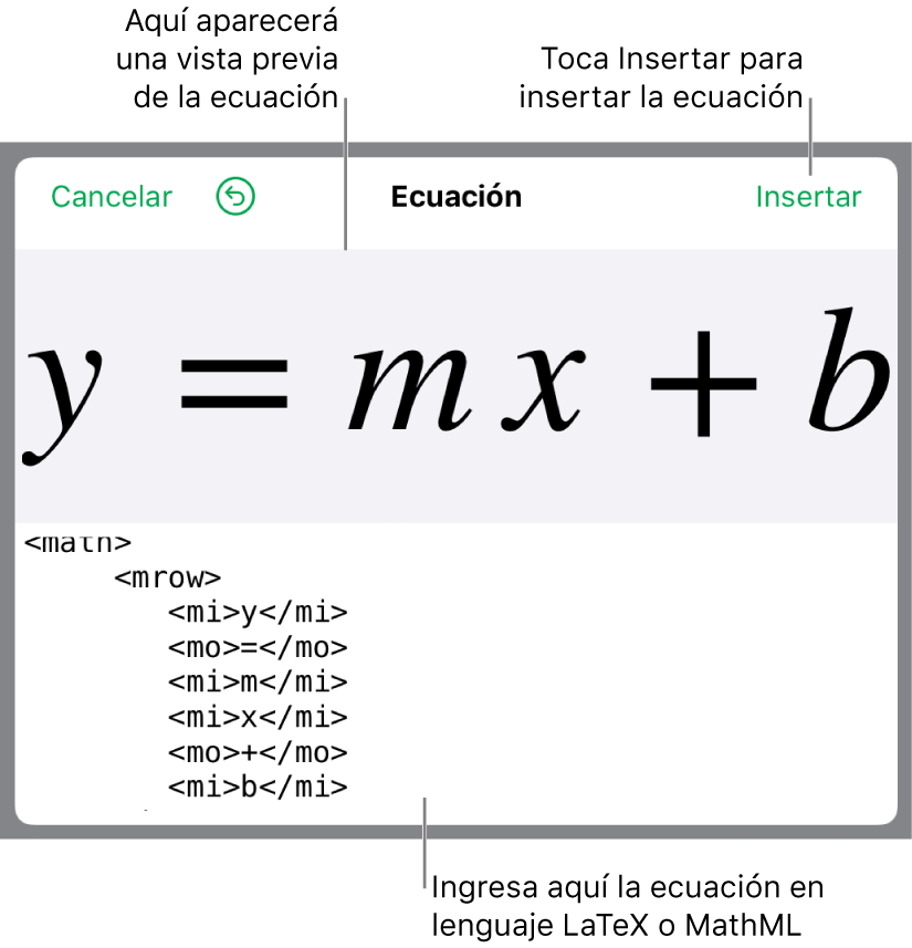 Código MathML de la ecuación de la pendiente de una recta y la previsualización de la fórmula encima.